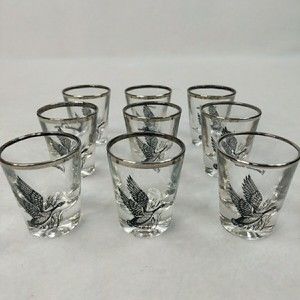 Set of 9 Vintage bird‎ shot glasses Canada Goose EXCELLENT Silver Rim